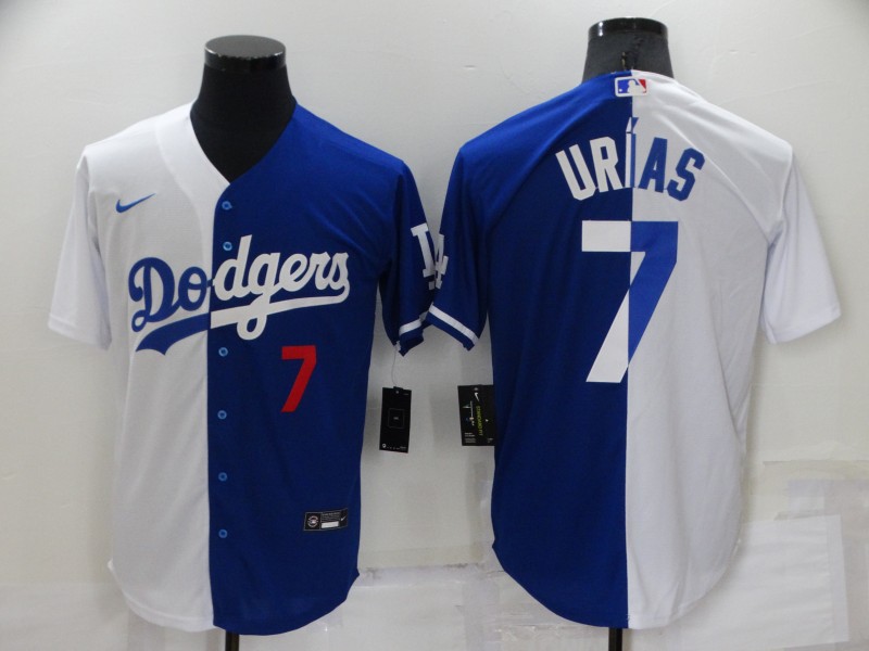 Men's Los Angeles Dodgers #7 Julio Urias White/Blue Split Cool Base Stitched Baseball Jersey Men's Los Angeles Dodgers #7 Julio Urias White/Blue Split Cool Base Stitched Baseball Jersey